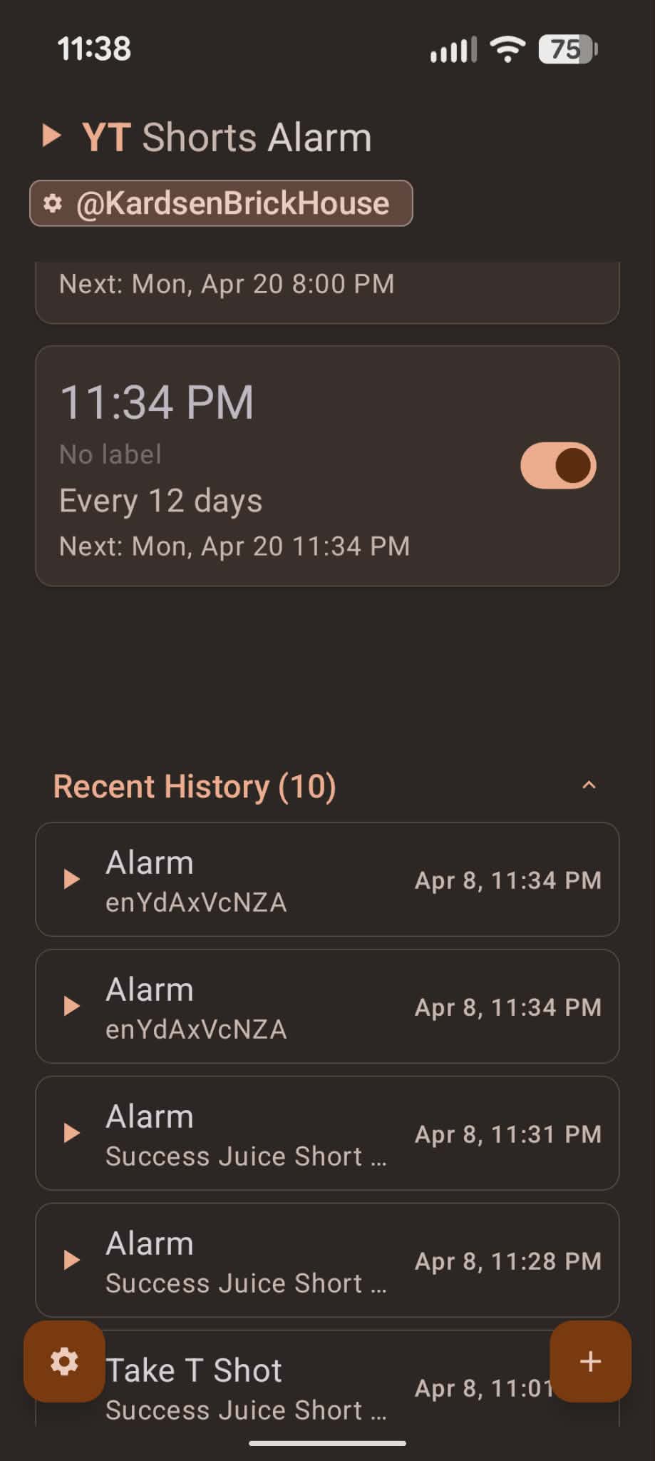 Alarm dashboard with interval scheduling, alarm history, and toggle switches