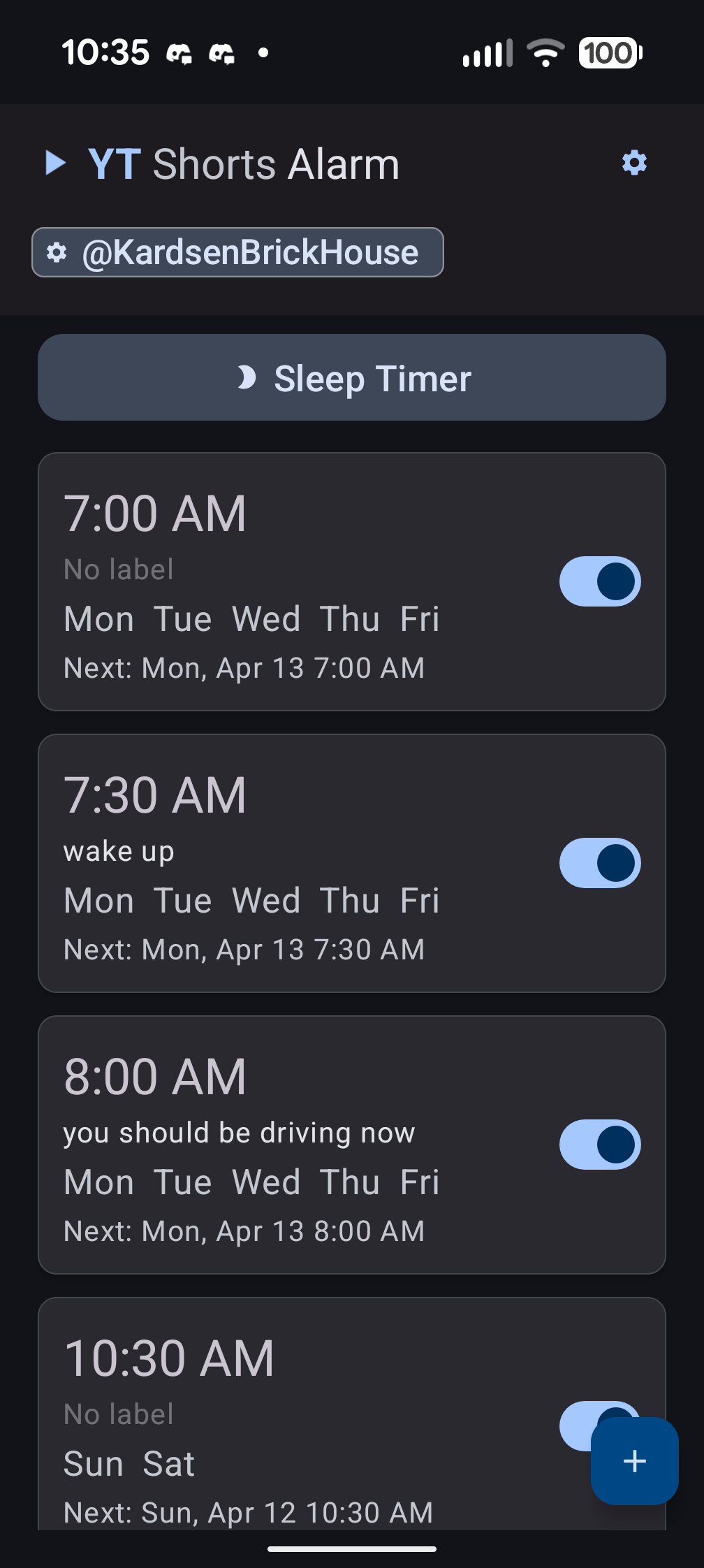 Alarm dashboard in dark mode with sleep timer button, multiple alarms with labels, toggle switches, and next fire times