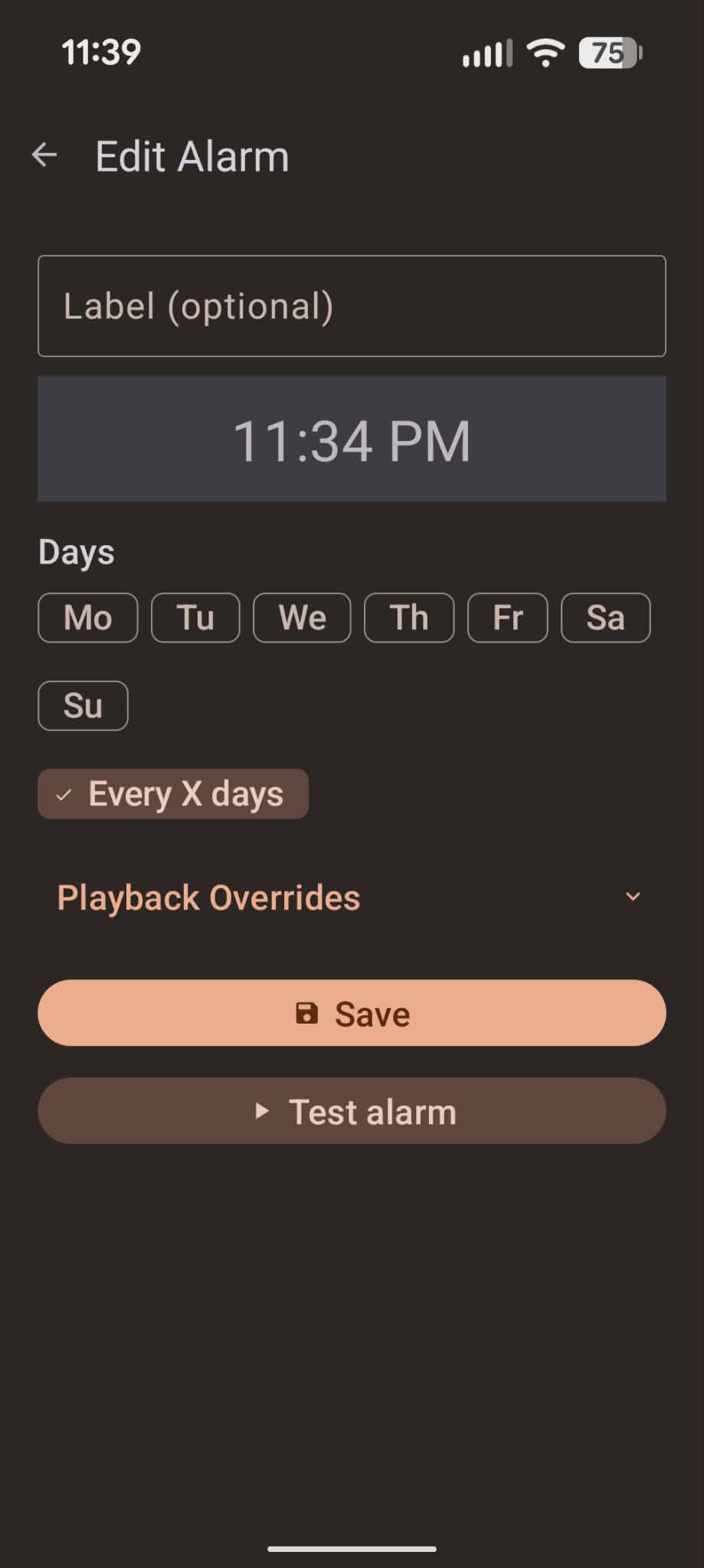 Edit alarm screen with time picker, day selection chips, and Every X days interval option