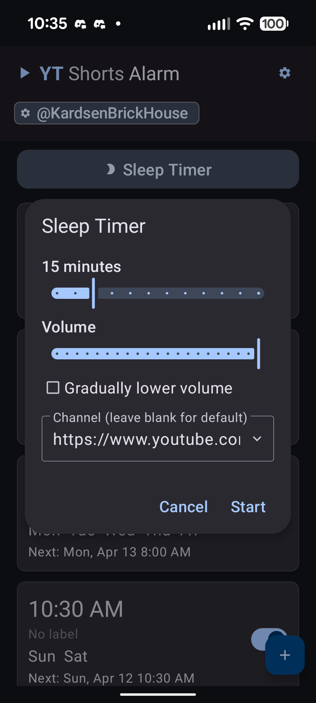 Sleep timer dialog with duration slider, volume control, gradually lower volume checkbox, and curated sleep video suggestions