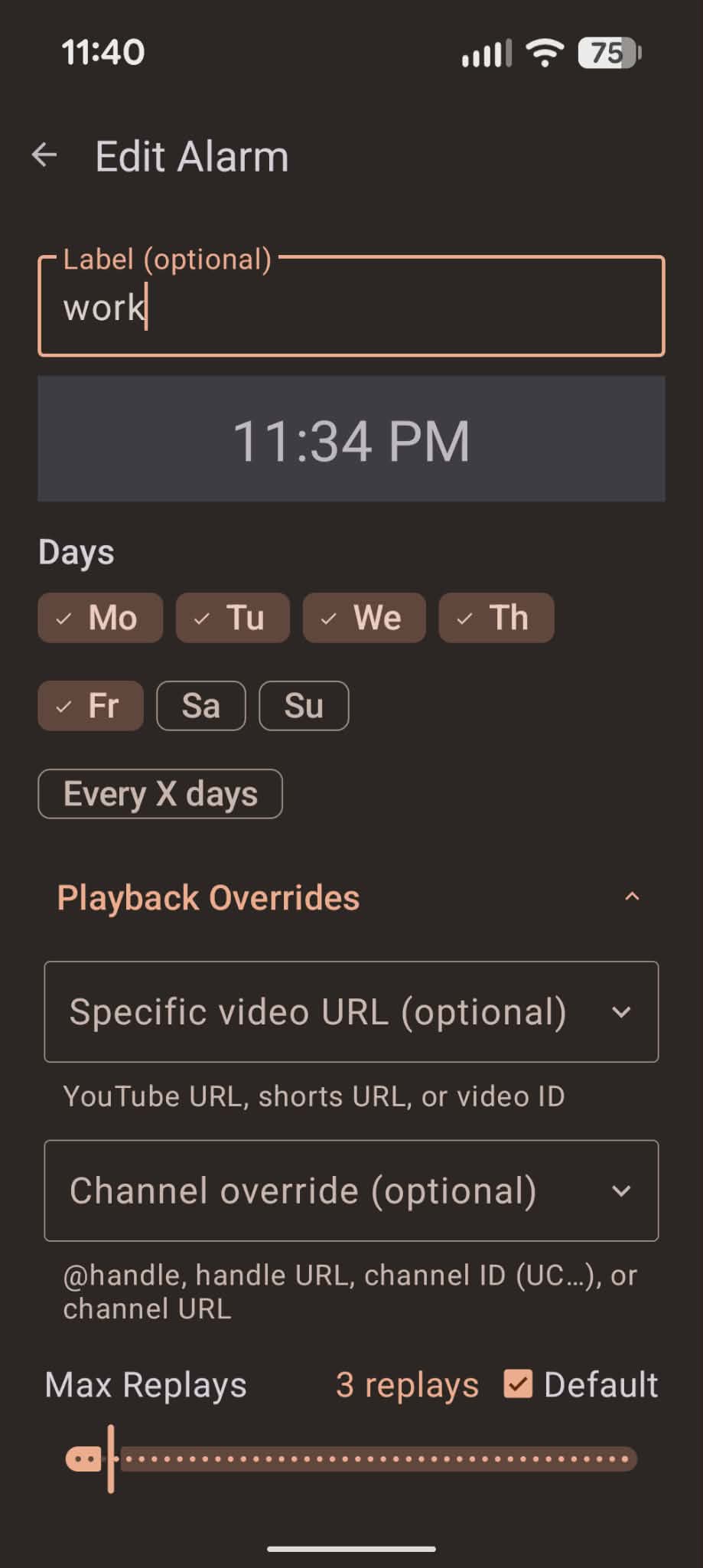 Edit alarm with label, weekday selection, expanded playback overrides with video URL and channel fields