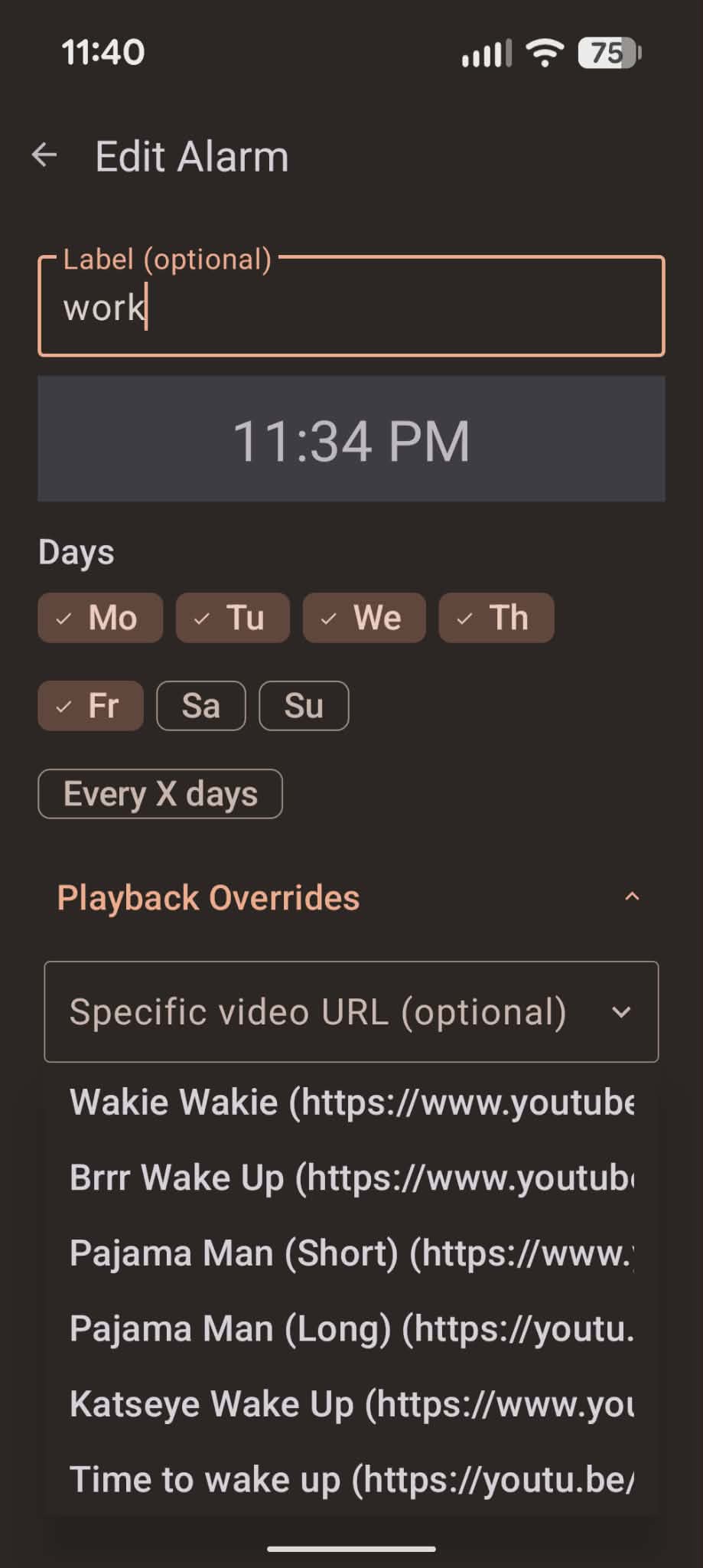 Video URL dropdown showing curated wake-up video suggestions