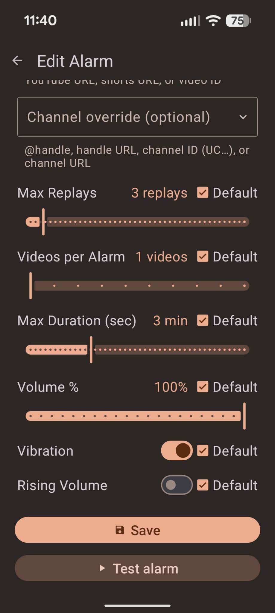 Per-alarm playback controls for replays, videos per alarm, duration, volume, vibration, and rising volume