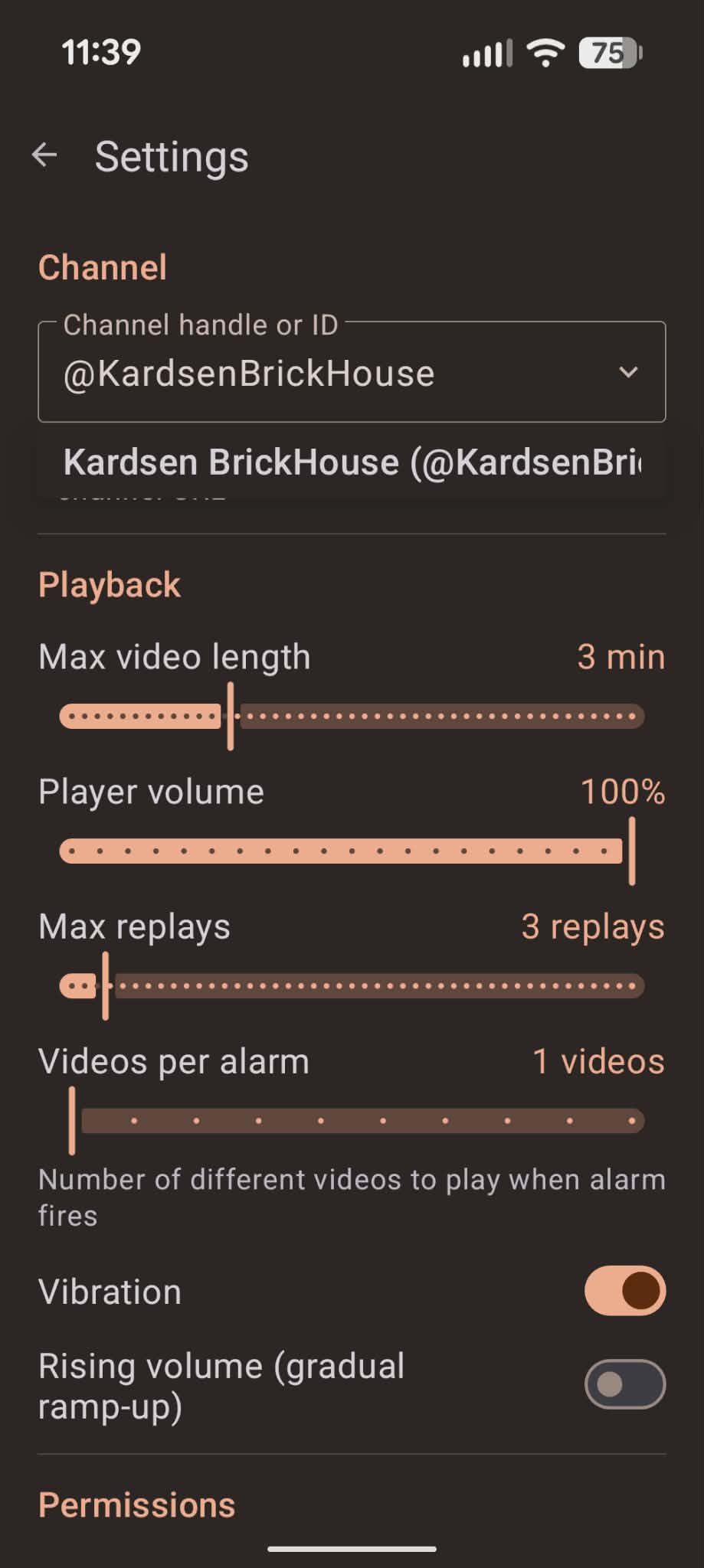Settings screen with channel configuration, playback sliders for video length, volume, replays, and videos per alarm