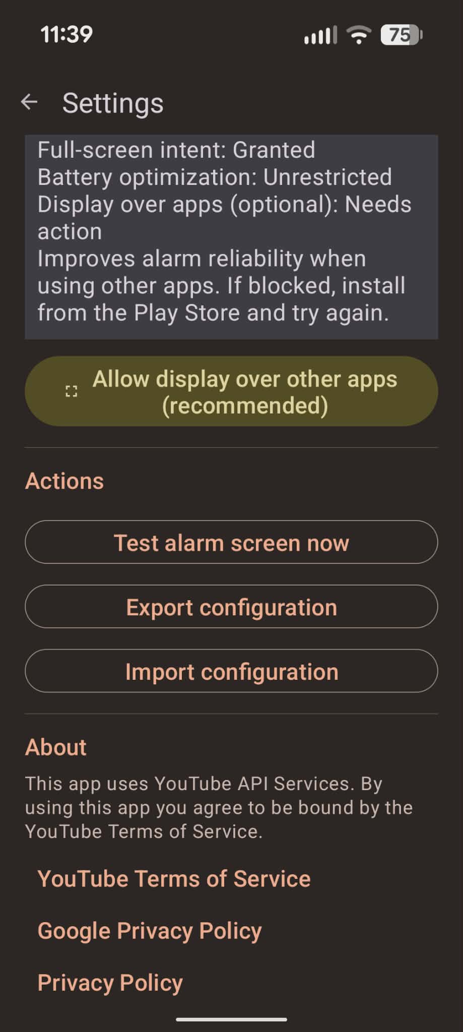 Settings screen showing overlay permission, battery optimization, and display over apps option