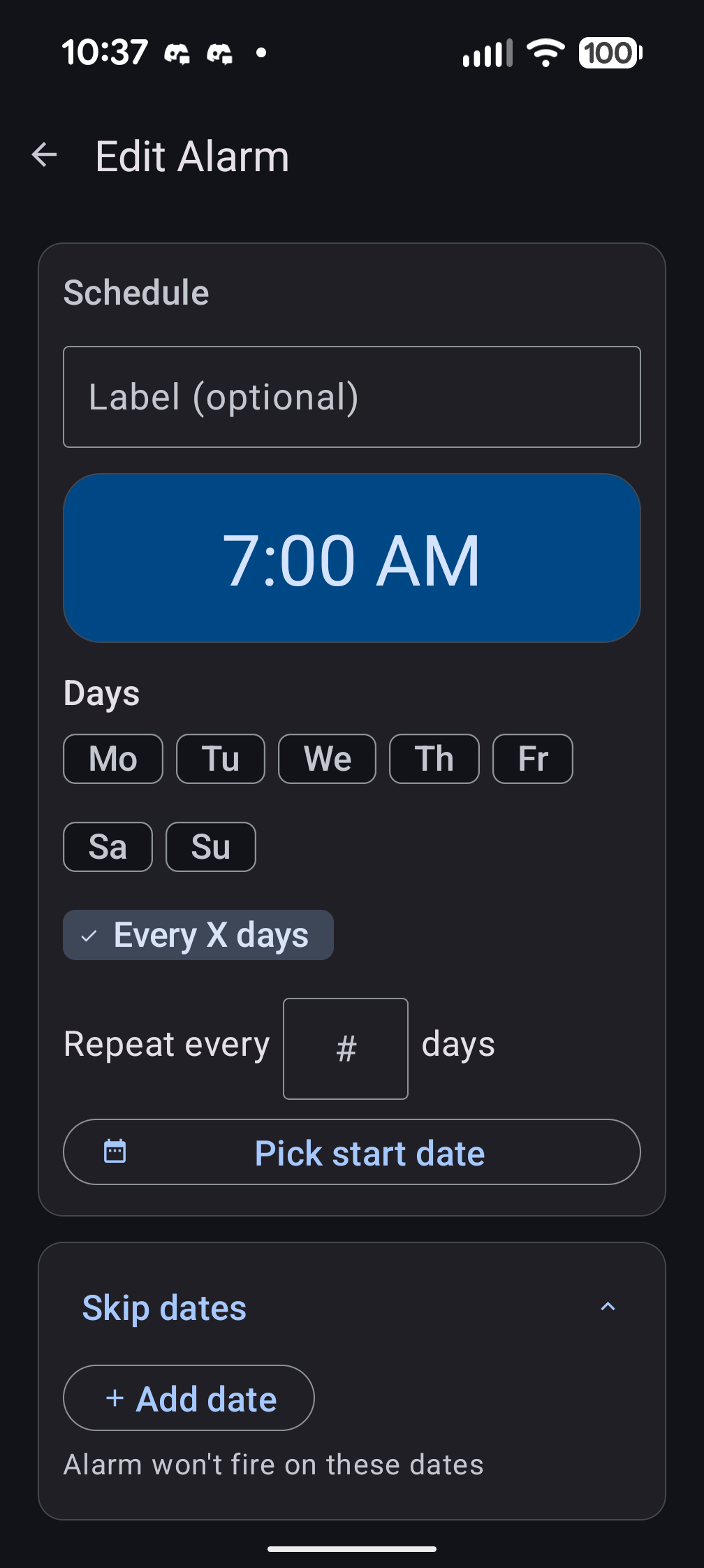 Edit alarm with Every X days interval scheduling expanded, skip dates section with Add date button