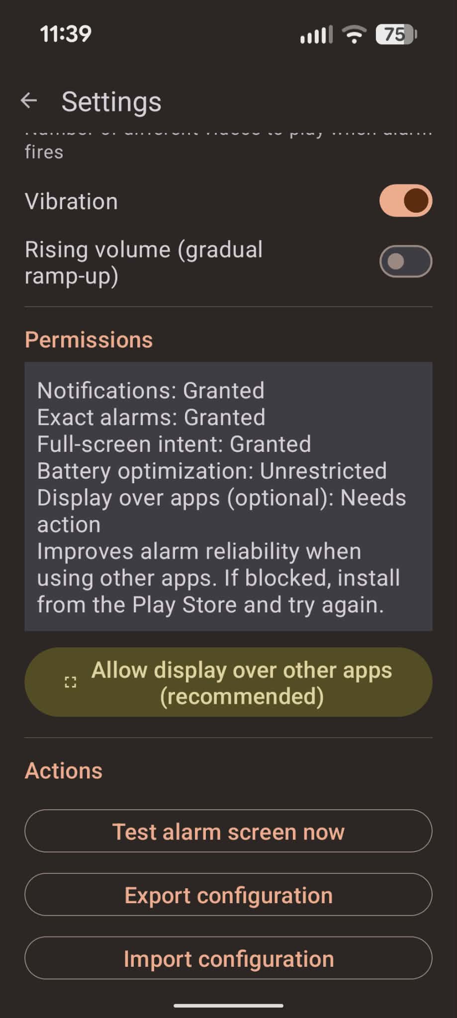 Settings screen showing permissions status, test alarm, export and import configuration, and about section