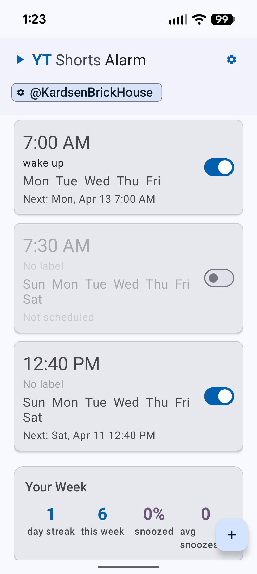 Dashboard in light mode with a disabled alarm dimmed to indicate it is turned off