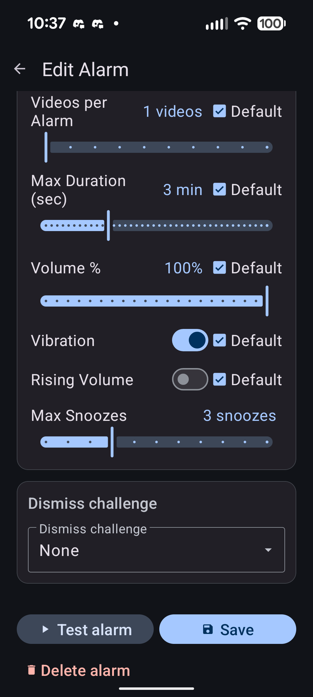 Per-alarm playback overrides with volume, vibration, rising volume, max snoozes sliders, and dismiss challenge dropdown