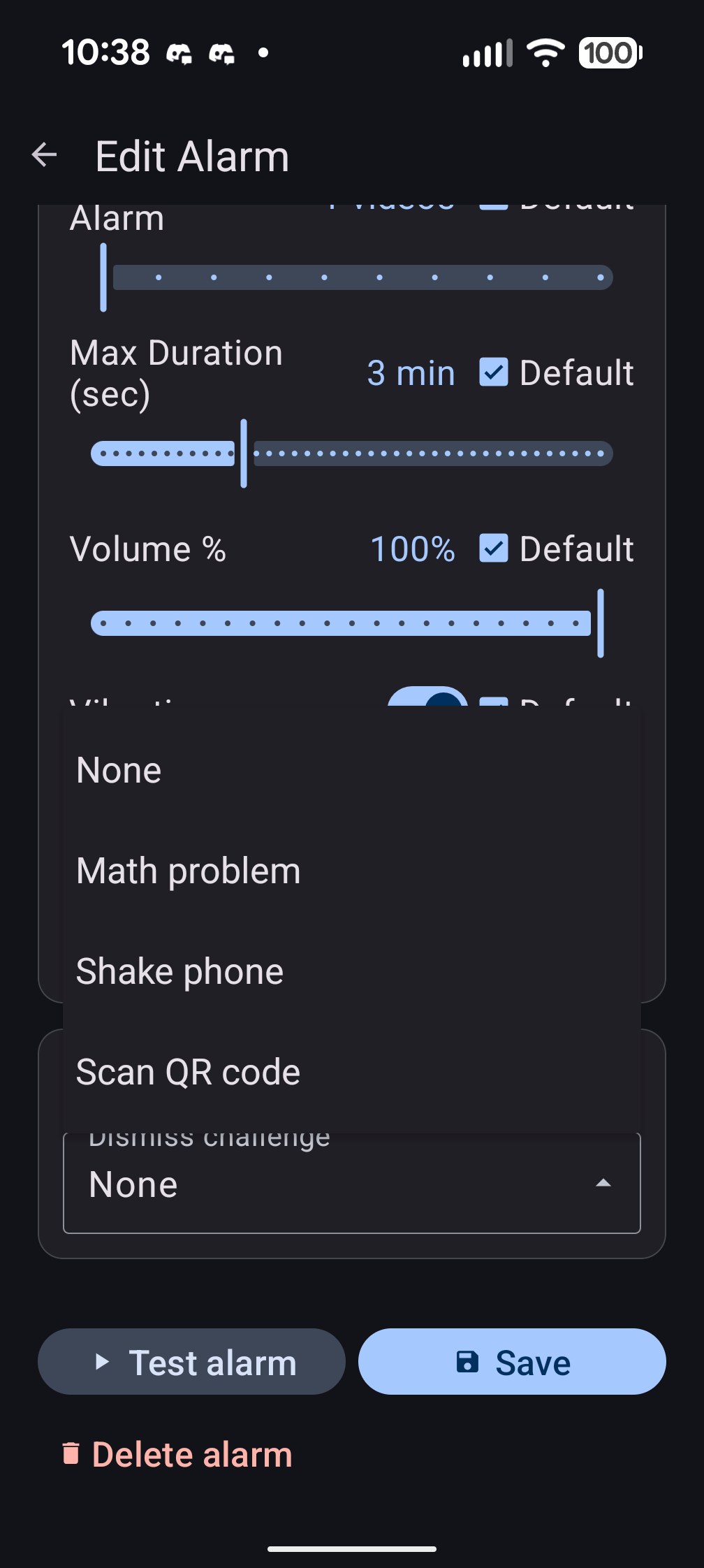 Dismiss challenge dropdown showing None, Math problem, Shake phone, and Scan QR code options