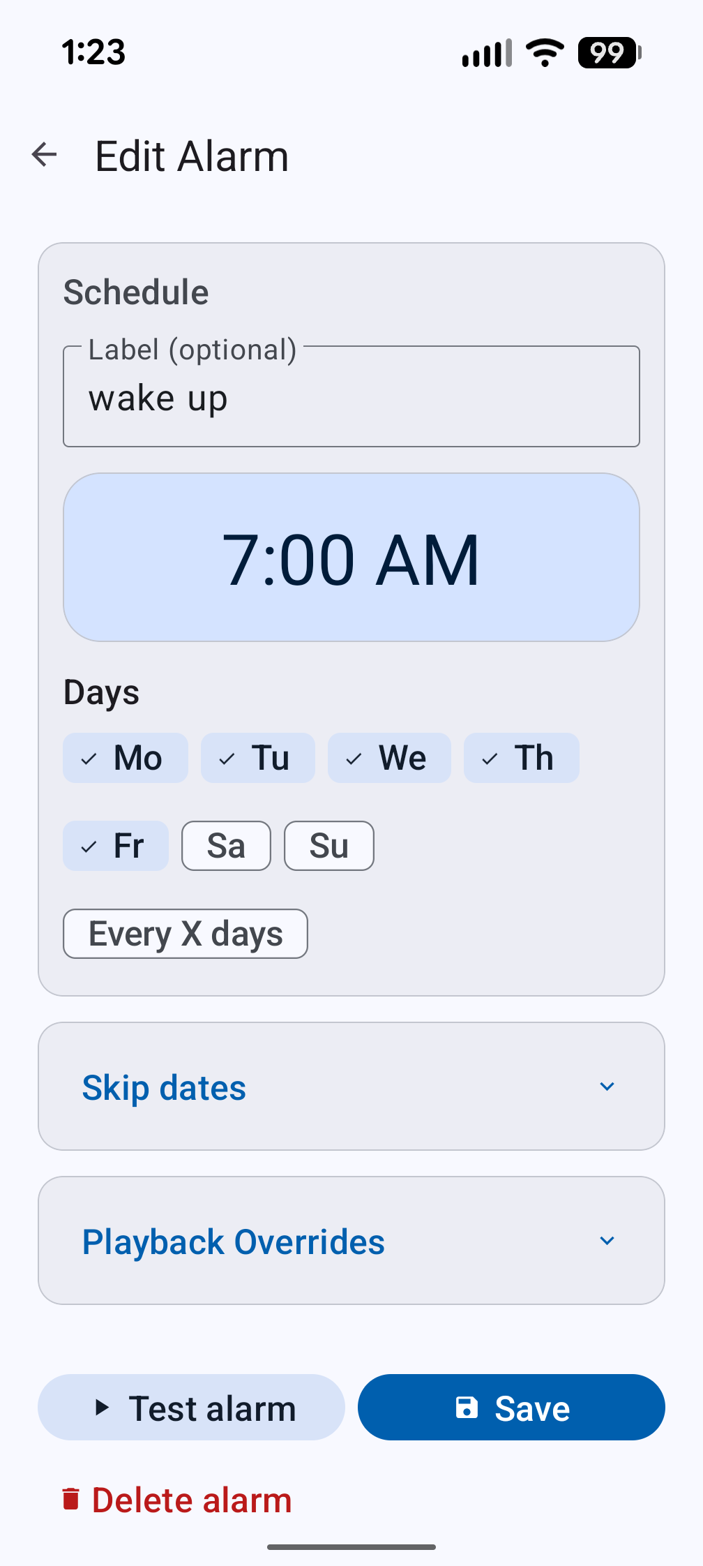 Edit alarm screen in light mode with schedule card, day chips, skip dates, playback overrides, test and save buttons