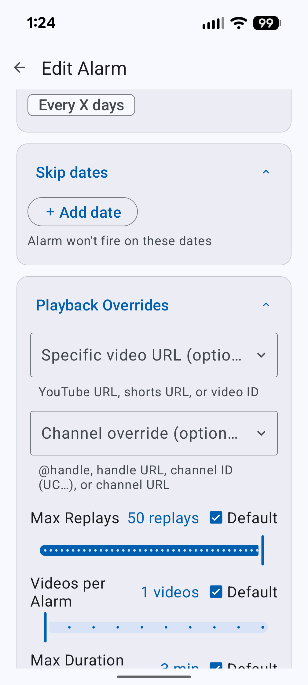 Edit alarm in light mode with skip dates expanded and playback overrides showing video URL, channel override, and sliders