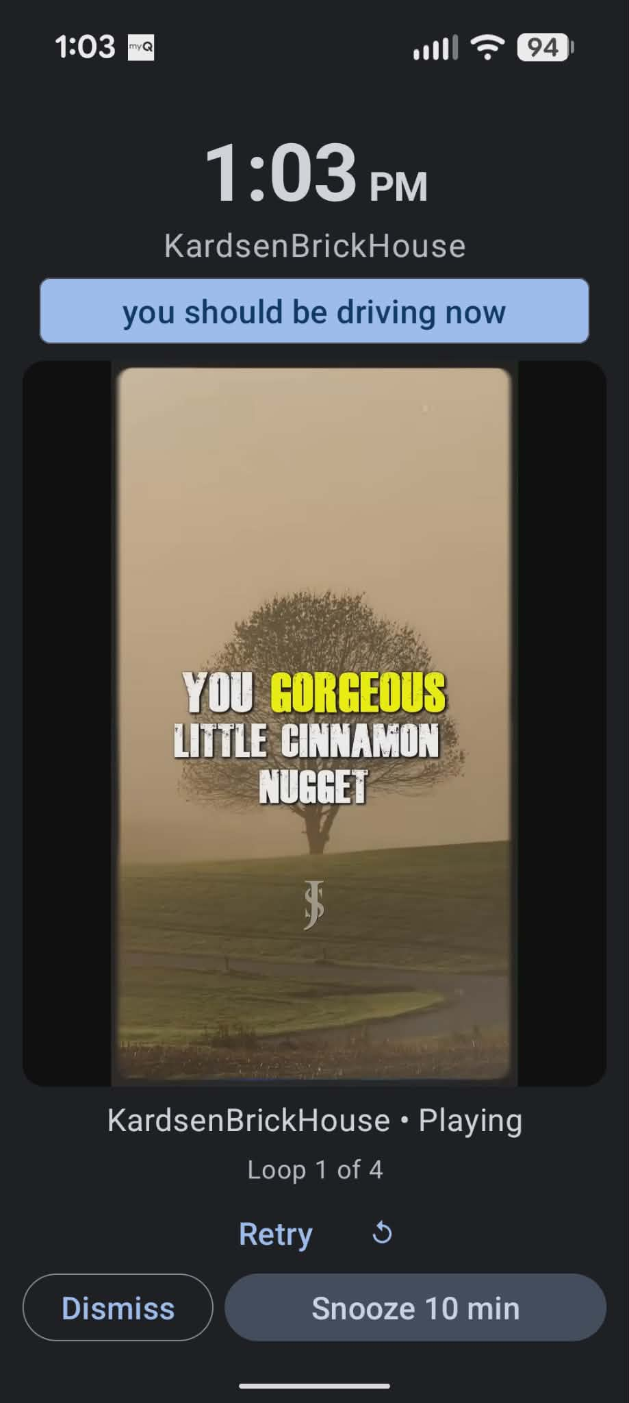 Alarm playing full-screen with YouTube Short video, channel name, alarm label, loop counter, retry, dismiss, and snooze buttons