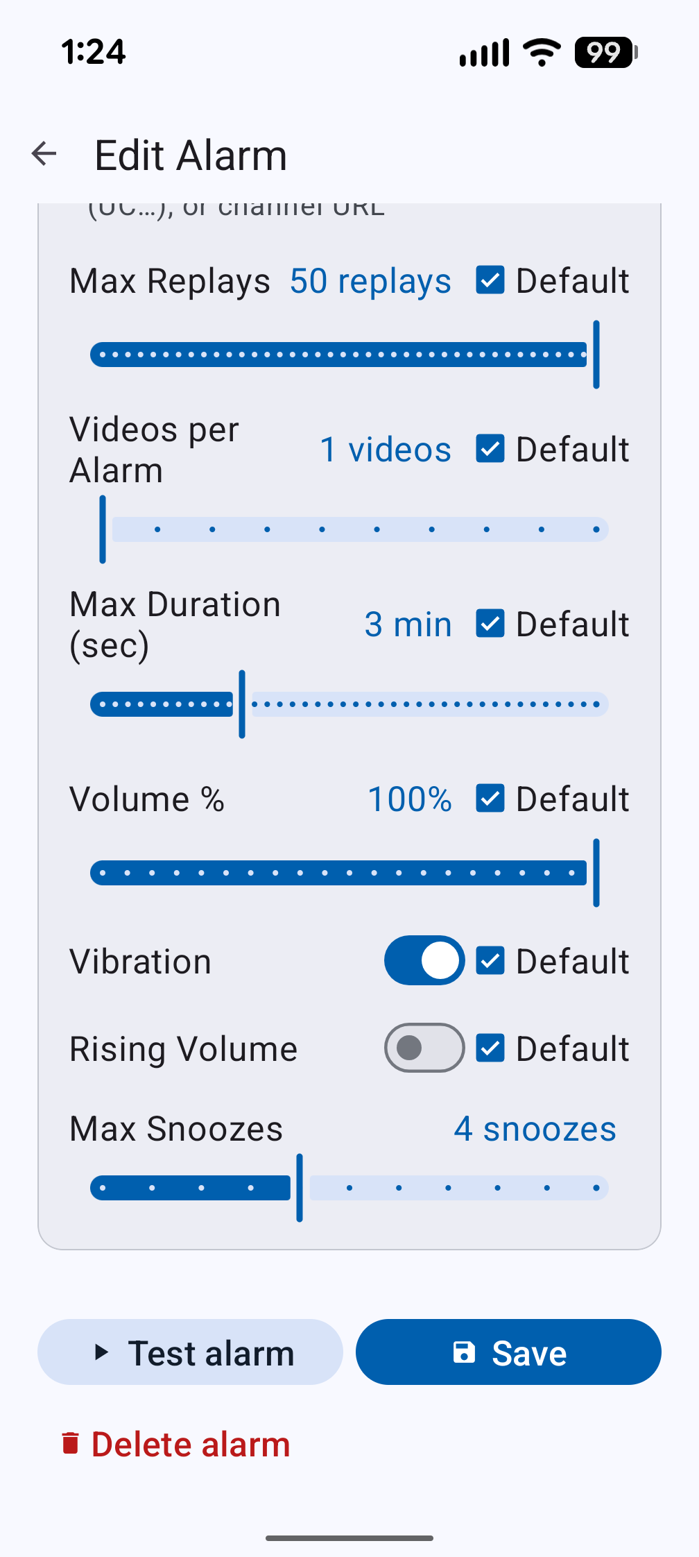 Per-alarm playback sliders in light mode with replays, videos per alarm, duration, volume, vibration, rising volume, and max snoozes