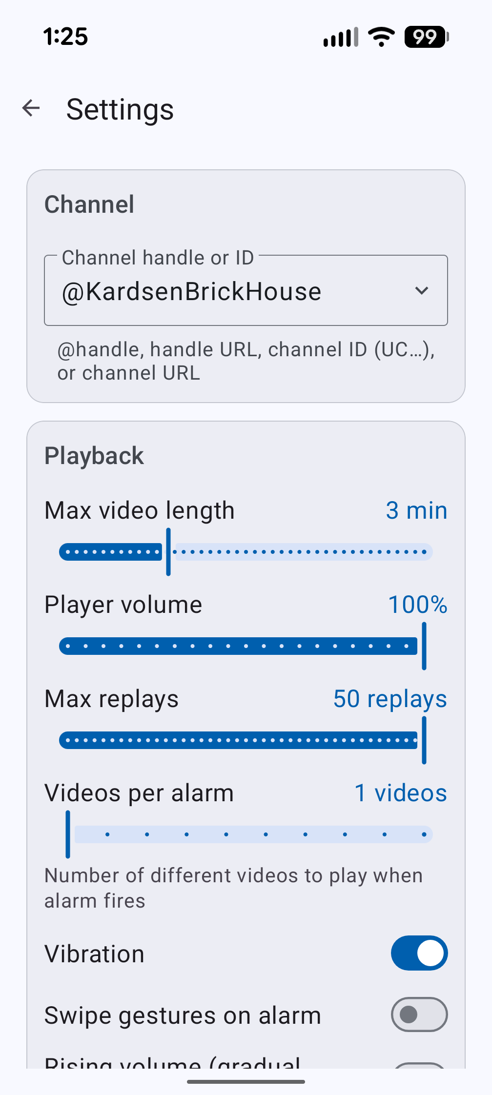 Settings screen in light mode with channel handle, max video length, player volume, max replays, videos per alarm, vibration, and swipe gestures