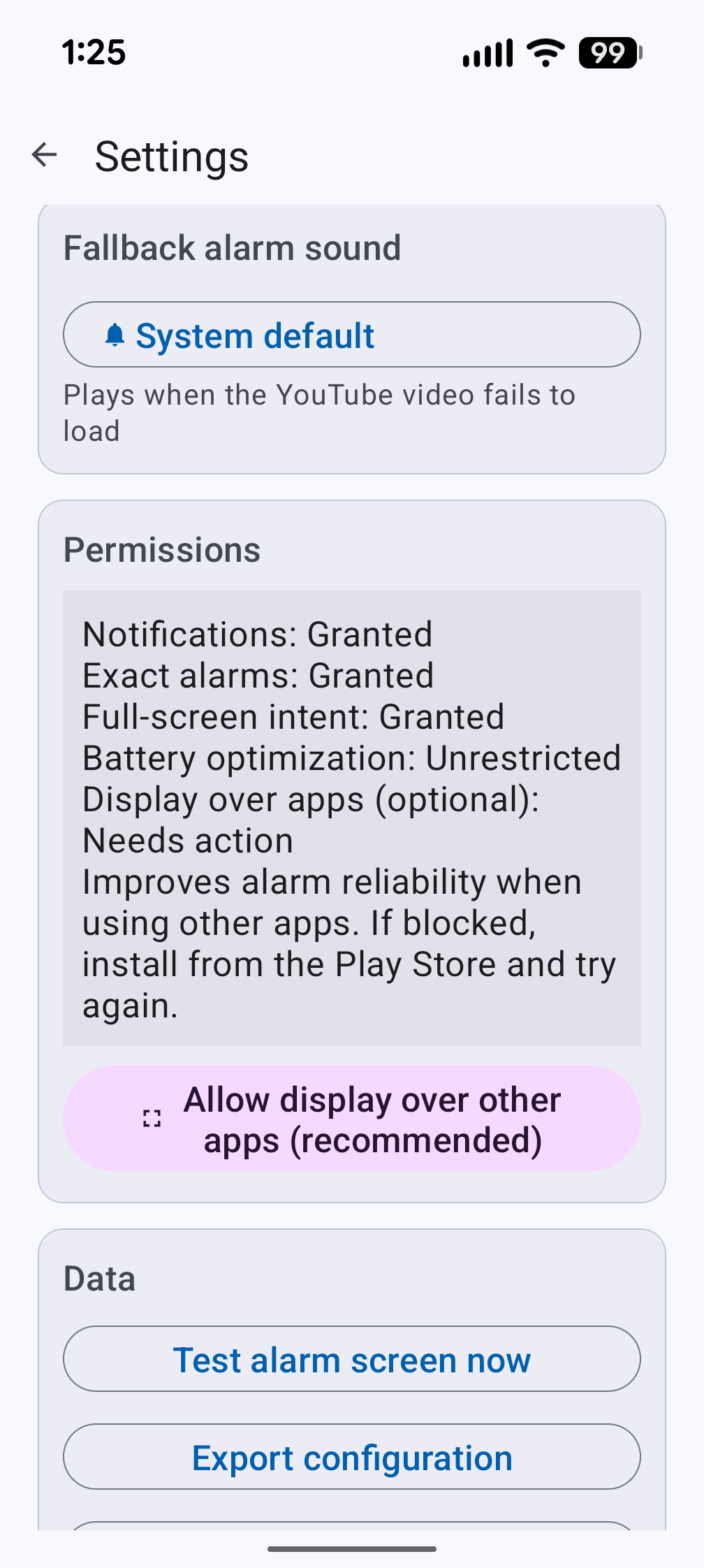 Settings screen showing permissions status, display over other apps, and data actions including test alarm, export, and import configuration